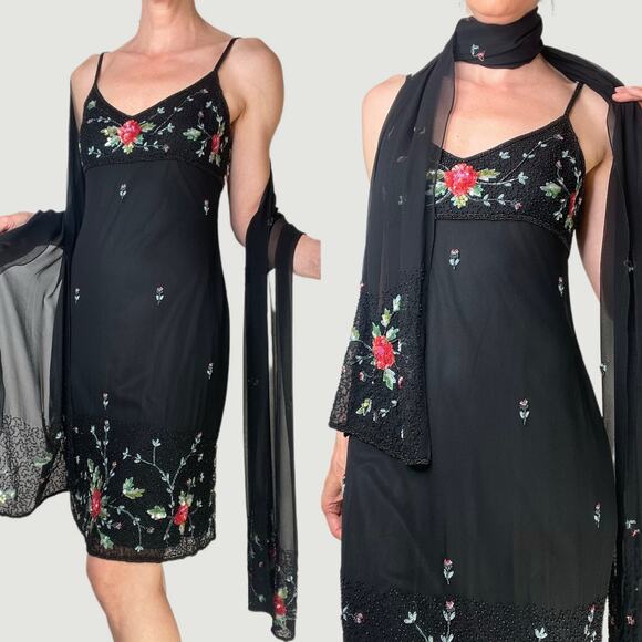 Sue Wong beaded silk floral slip dress with matching scarf wrap Nocturne 6 - Picture 17 of 17